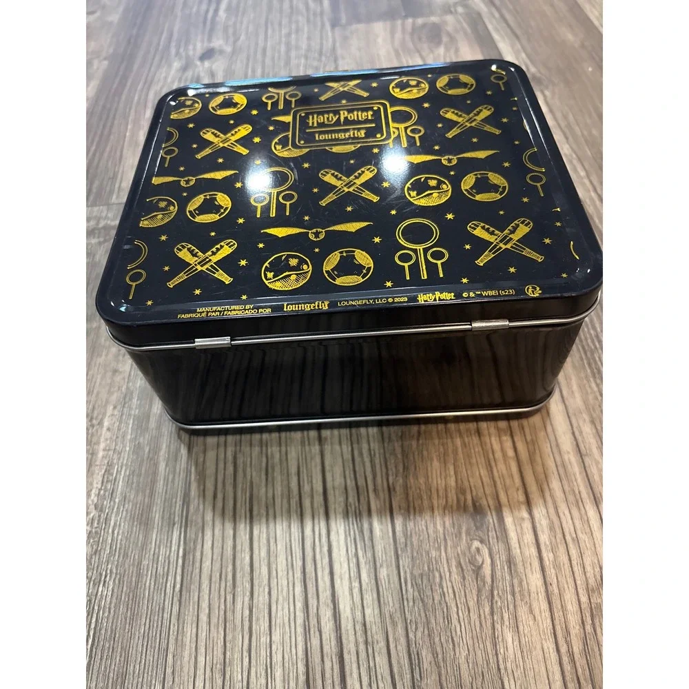 Loungefly Harry Potter Quidditch Tin Lunch Box Black Gold Metal Storage Case NEW